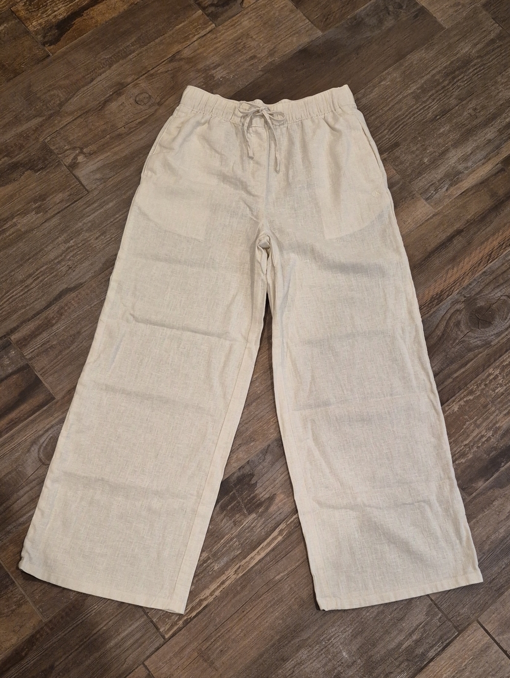 S/M Calvin Klein Linen & Cotton Wide Leg Pants, Elastic Drawstring Waist - Picture 2 of 11